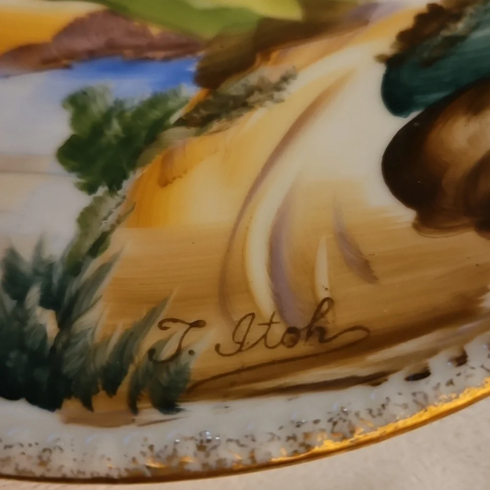 WALES MCM Japanese Handpainted Country Scene Scallop Porcelain Wall Plates